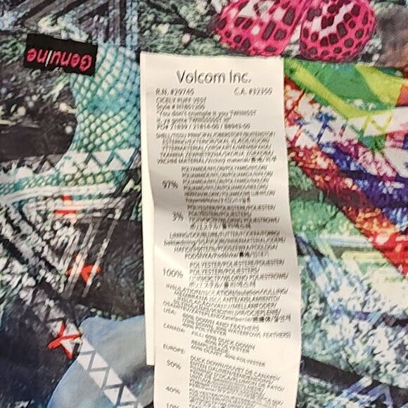Volcom Down Puffer Vest Women's Large Hooded Sleeveless Printed Lining Black - Picture 6 of 11